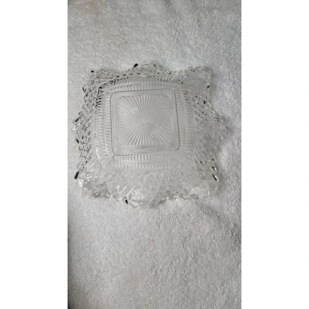 Vintage Clear Pressed Glass Square Diamond Point Sawtooth Rim Candy Bowl 7.5in